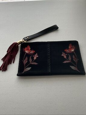 INC International Concept floral Embroidered Wristlet W/Burgundy Tassel